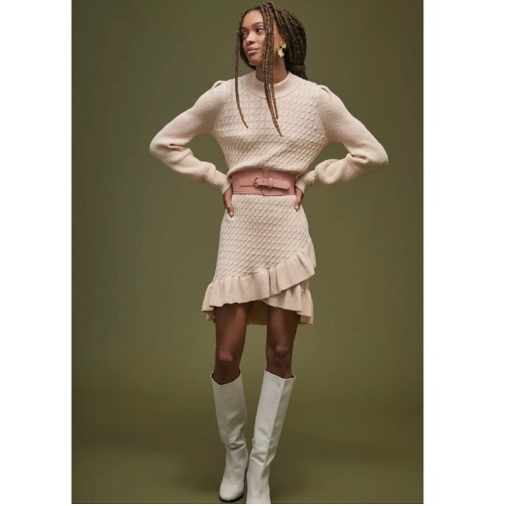 Anthropologie Flat White Cable Knit Cream Ruffle Sweater Dress NWT SZ XL
